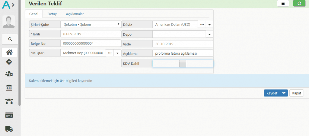 Proforma Fatura Başlık Bilgileri